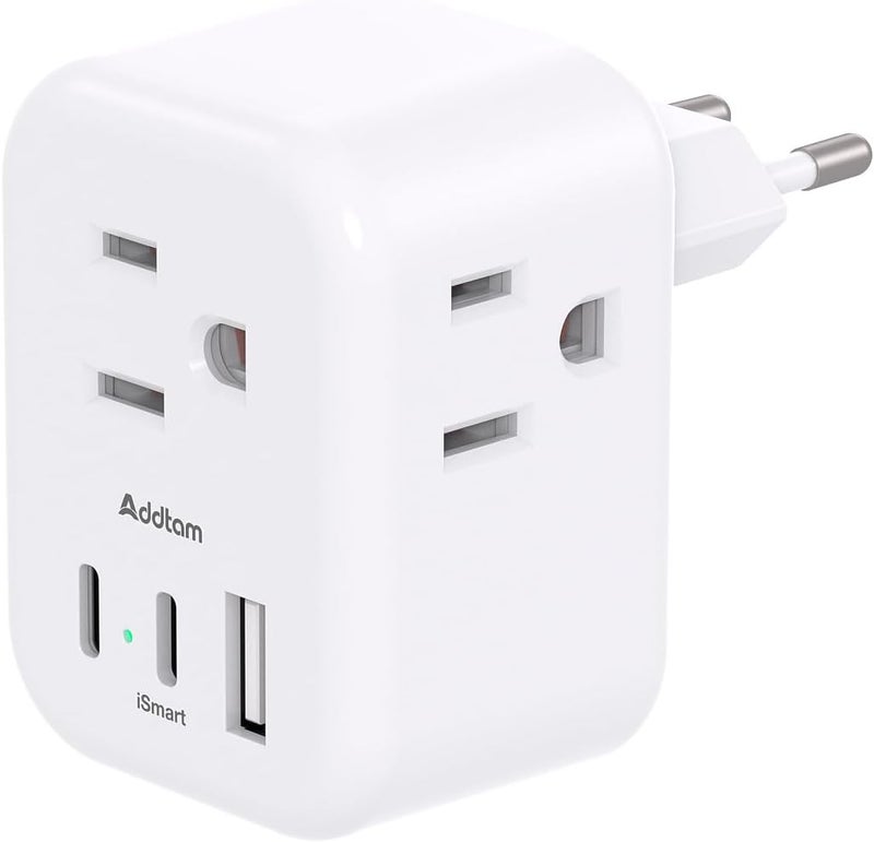 Addtam European Travel Plug Adapter, International Power Adapter with 3 Outlets 3 USB Charging Ports(2 USB C), Type C Adapter Travel Essentials to Most Europe EU Spain Italy France - Image 1